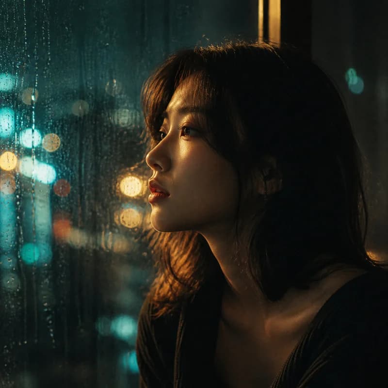 비 내리는 도시의 불빛을 바라보는 인물의 앨범 커버